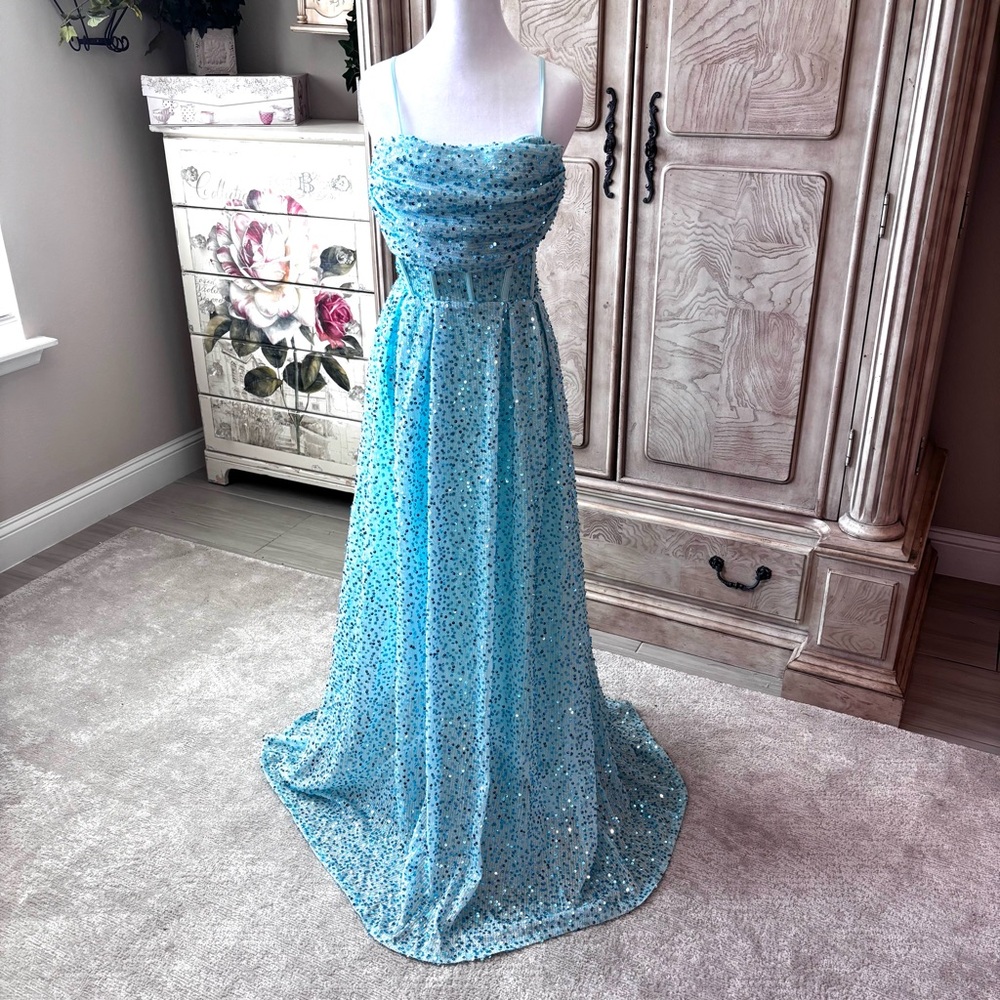 NEW Aqua Dress Cowl Neckline Seafoam Blue Strapless Prom Dress NWOT Size L/12 - Picture 2 of 12